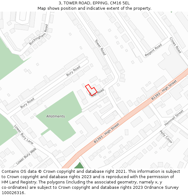 3, TOWER ROAD, EPPING, CM16 5EL: Location map and indicative extent of plot