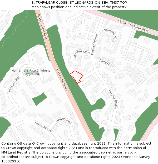 3, TRAFALGAR CLOSE, ST LEONARDS-ON-SEA, TN37 7QP: Location map and indicative extent of plot