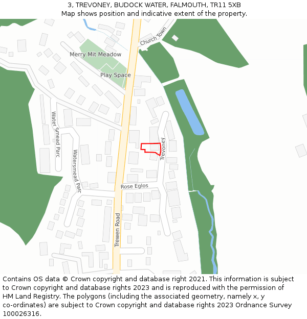 3, TREVONEY, BUDOCK WATER, FALMOUTH, TR11 5XB: Location map and indicative extent of plot