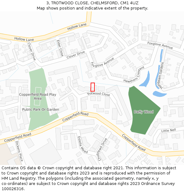 3, TROTWOOD CLOSE, CHELMSFORD, CM1 4UZ: Location map and indicative extent of plot