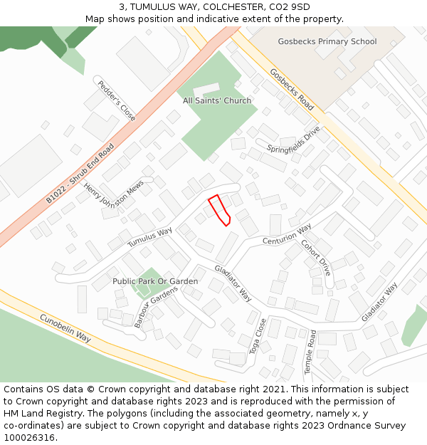 3, TUMULUS WAY, COLCHESTER, CO2 9SD: Location map and indicative extent of plot