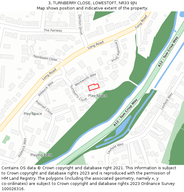 3, TURNBERRY CLOSE, LOWESTOFT, NR33 9JN: Location map and indicative extent of plot