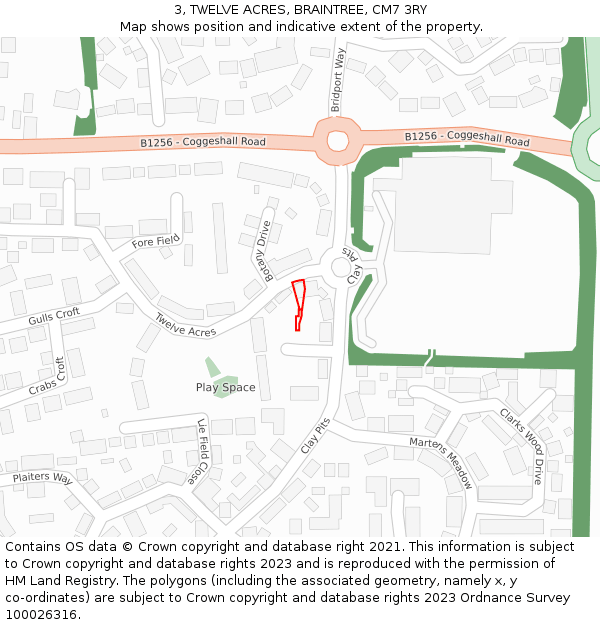 3, TWELVE ACRES, BRAINTREE, CM7 3RY: Location map and indicative extent of plot