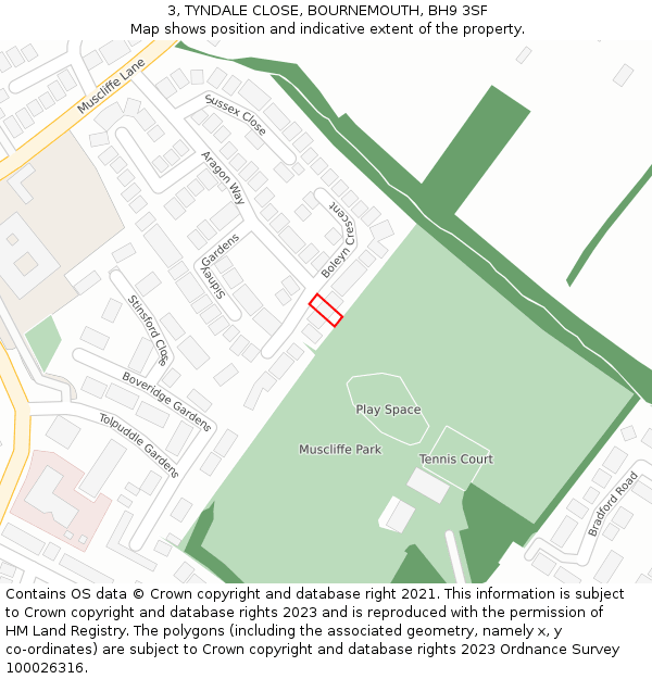 3, TYNDALE CLOSE, BOURNEMOUTH, BH9 3SF: Location map and indicative extent of plot