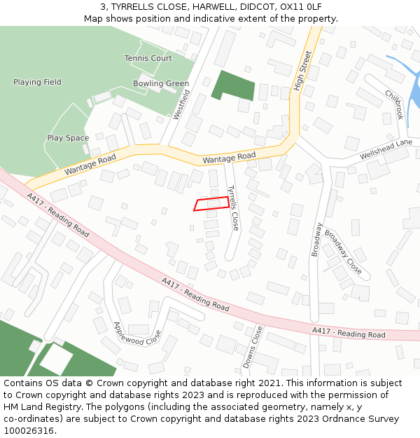 3, TYRRELLS CLOSE, HARWELL, DIDCOT, OX11 0LF: Location map and indicative extent of plot