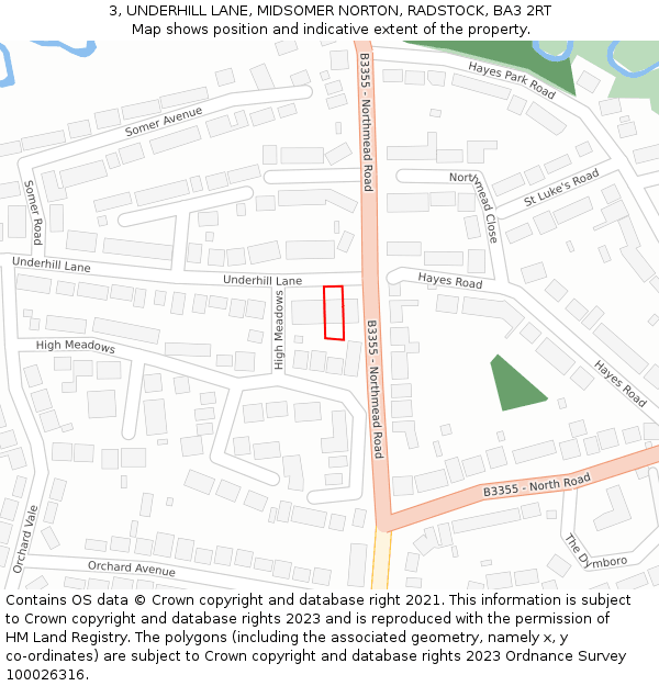 3, UNDERHILL LANE, MIDSOMER NORTON, RADSTOCK, BA3 2RT: Location map and indicative extent of plot