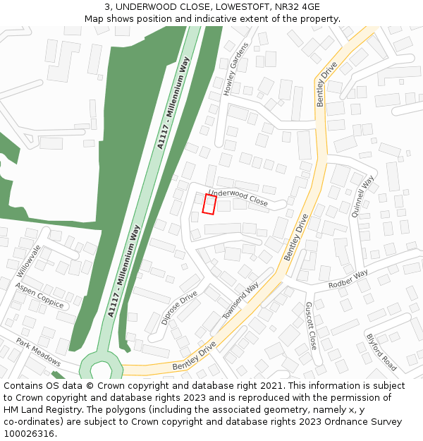 3, UNDERWOOD CLOSE, LOWESTOFT, NR32 4GE: Location map and indicative extent of plot