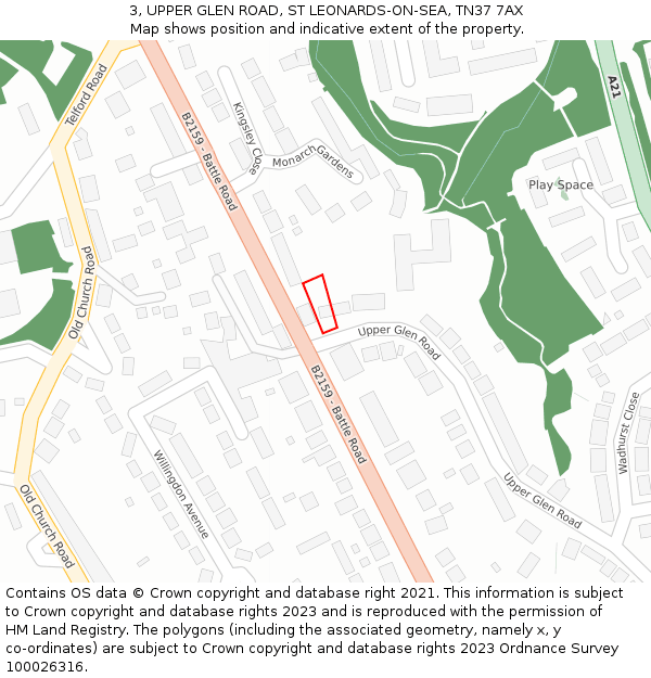 3, UPPER GLEN ROAD, ST LEONARDS-ON-SEA, TN37 7AX: Location map and indicative extent of plot