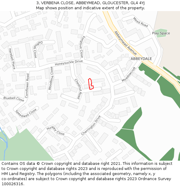 3, VERBENA CLOSE, ABBEYMEAD, GLOUCESTER, GL4 4YJ: Location map and indicative extent of plot