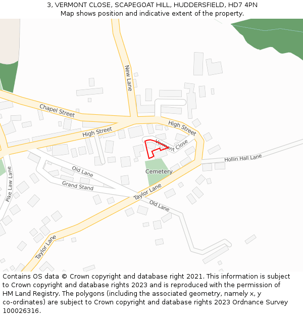 3, VERMONT CLOSE, SCAPEGOAT HILL, HUDDERSFIELD, HD7 4PN: Location map and indicative extent of plot