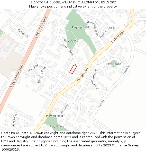 3, VICTORIA CLOSE, WILLAND, CULLOMPTON, EX15 2PD: Location map and indicative extent of plot
