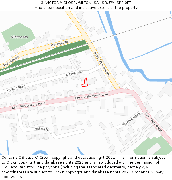 3, VICTORIA CLOSE, WILTON, SALISBURY, SP2 0ET: Location map and indicative extent of plot