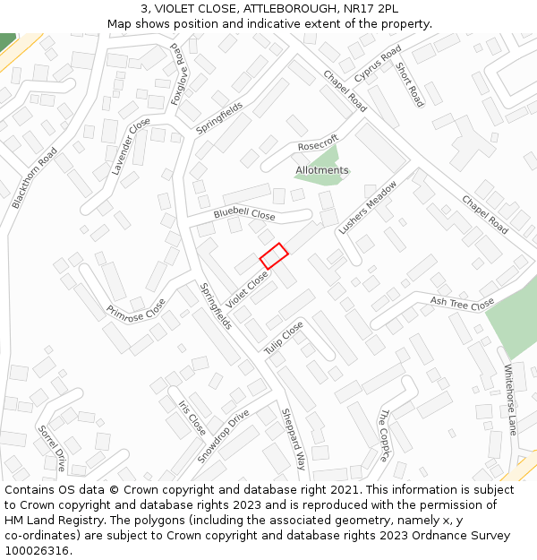 3, VIOLET CLOSE, ATTLEBOROUGH, NR17 2PL: Location map and indicative extent of plot
