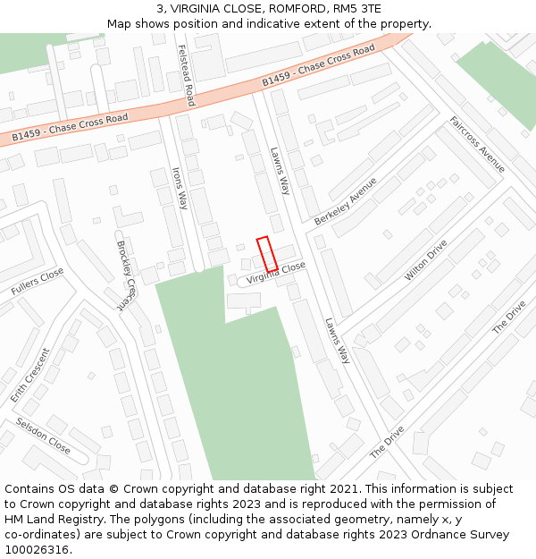 3, VIRGINIA CLOSE, ROMFORD, RM5 3TE: Location map and indicative extent of plot