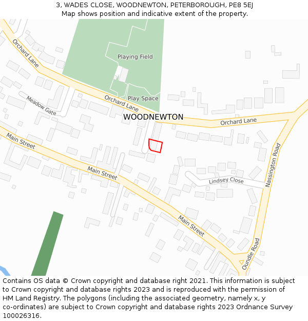 3, WADES CLOSE, WOODNEWTON, PETERBOROUGH, PE8 5EJ: Location map and indicative extent of plot