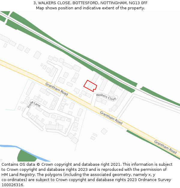 3, WALKERS CLOSE, BOTTESFORD, NOTTINGHAM, NG13 0FF: Location map and indicative extent of plot