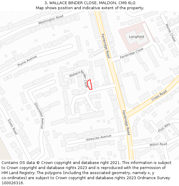 3, WALLACE BINDER CLOSE, MALDON, CM9 6LG: Location map and indicative extent of plot