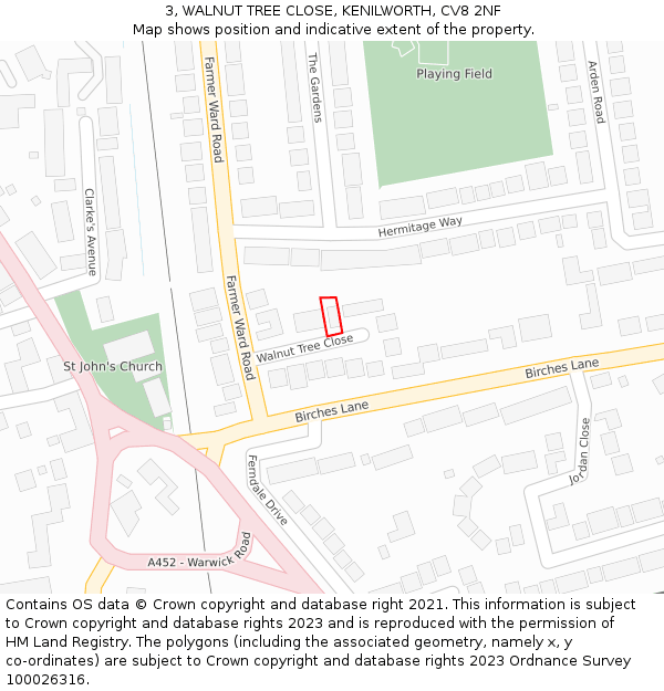 3, WALNUT TREE CLOSE, KENILWORTH, CV8 2NF: Location map and indicative extent of plot