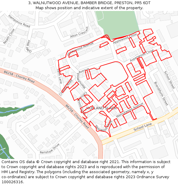 3, WALNUTWOOD AVENUE, BAMBER BRIDGE, PRESTON, PR5 6DT: Location map and indicative extent of plot
