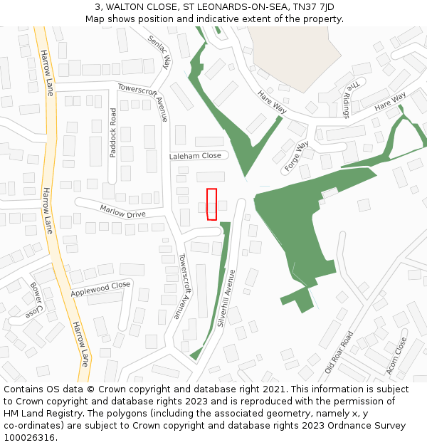 3, WALTON CLOSE, ST LEONARDS-ON-SEA, TN37 7JD: Location map and indicative extent of plot