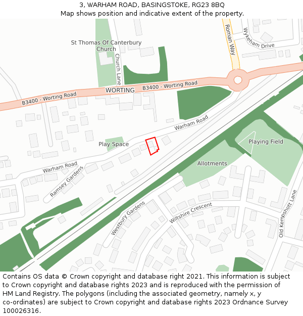3, WARHAM ROAD, BASINGSTOKE, RG23 8BQ: Location map and indicative extent of plot
