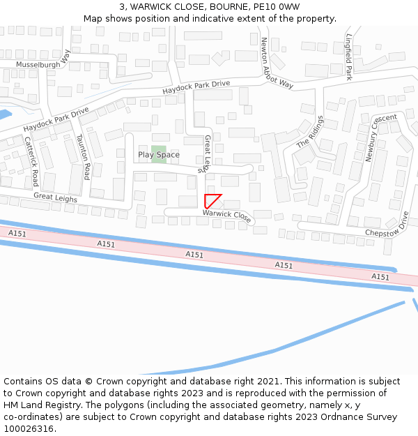 3, WARWICK CLOSE, BOURNE, PE10 0WW: Location map and indicative extent of plot