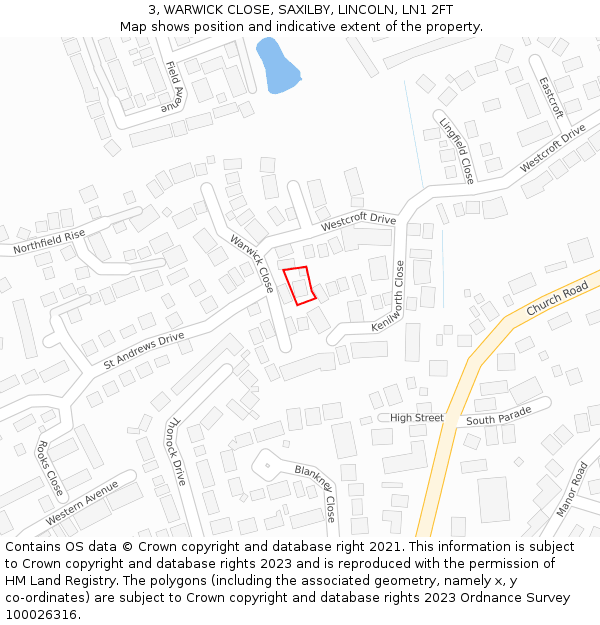 3, WARWICK CLOSE, SAXILBY, LINCOLN, LN1 2FT: Location map and indicative extent of plot