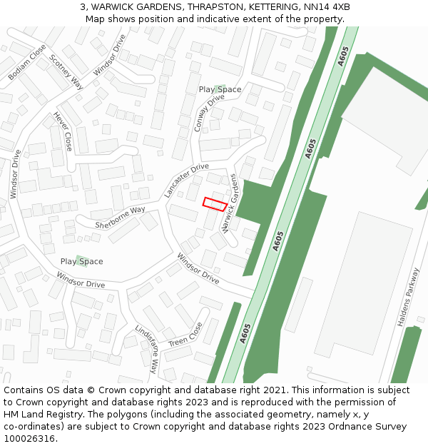 3, WARWICK GARDENS, THRAPSTON, KETTERING, NN14 4XB: Location map and indicative extent of plot