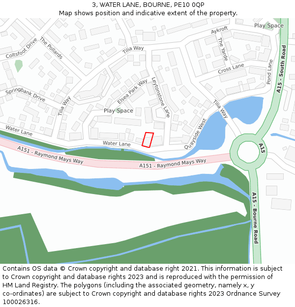 3, WATER LANE, BOURNE, PE10 0QP: Location map and indicative extent of plot