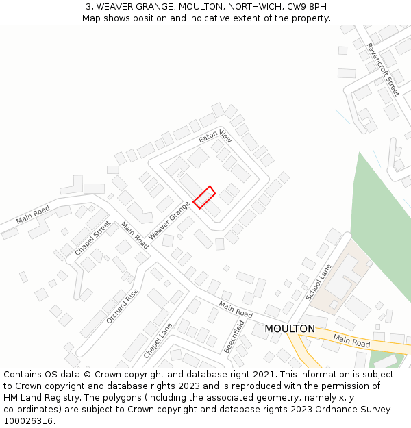 3, WEAVER GRANGE, MOULTON, NORTHWICH, CW9 8PH: Location map and indicative extent of plot