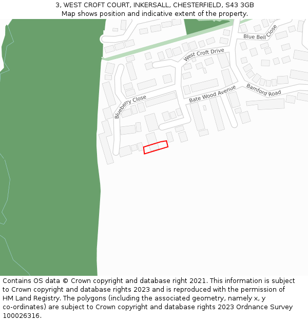 3, WEST CROFT COURT, INKERSALL, CHESTERFIELD, S43 3GB: Location map and indicative extent of plot