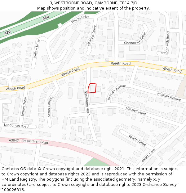 3, WESTBORNE ROAD, CAMBORNE, TR14 7JD: Location map and indicative extent of plot