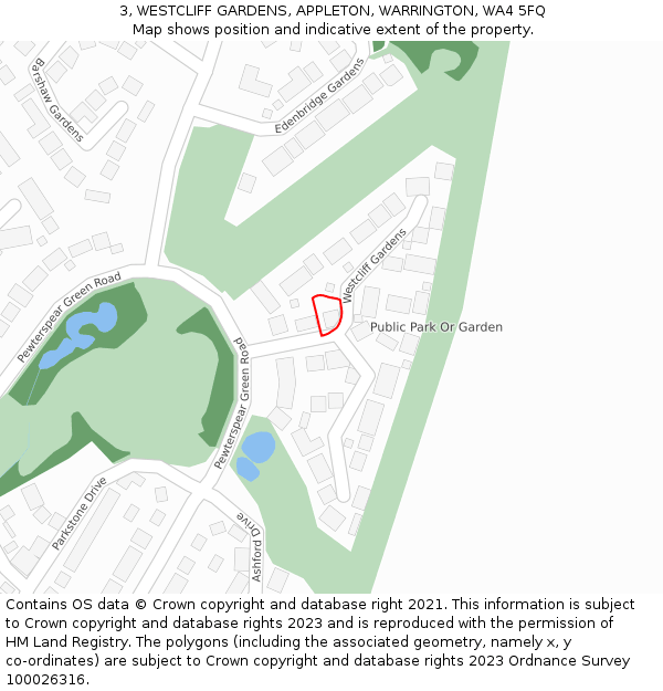 3, WESTCLIFF GARDENS, APPLETON, WARRINGTON, WA4 5FQ: Location map and indicative extent of plot