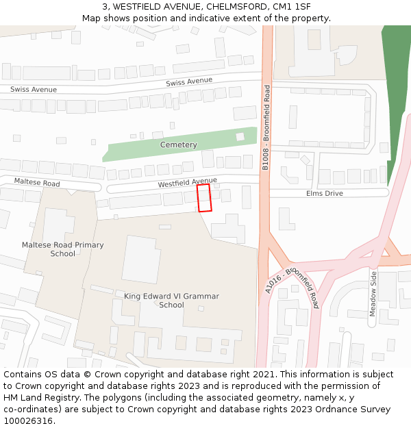 3, WESTFIELD AVENUE, CHELMSFORD, CM1 1SF: Location map and indicative extent of plot