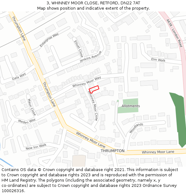 3, WHINNEY MOOR CLOSE, RETFORD, DN22 7AT: Location map and indicative extent of plot