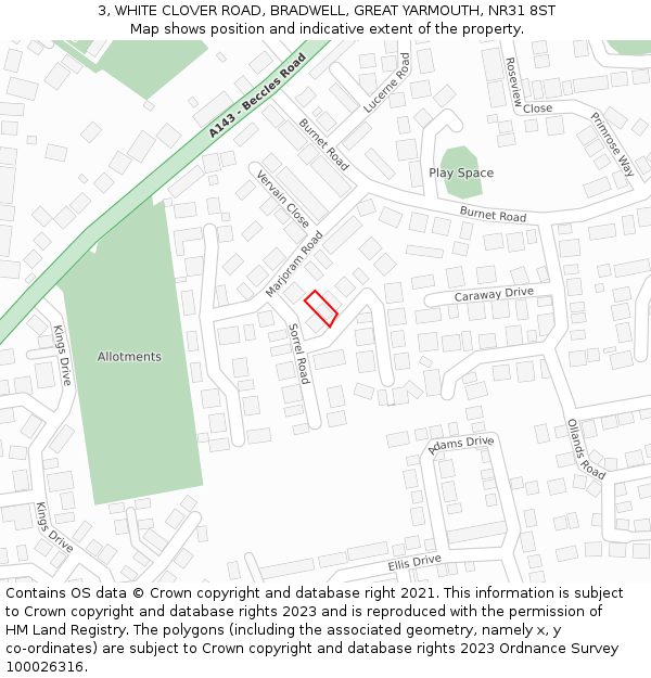3, WHITE CLOVER ROAD, BRADWELL, GREAT YARMOUTH, NR31 8ST: Location map and indicative extent of plot