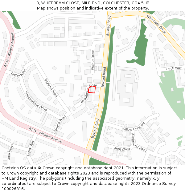3, WHITEBEAM CLOSE, MILE END, COLCHESTER, CO4 5HB: Location map and indicative extent of plot