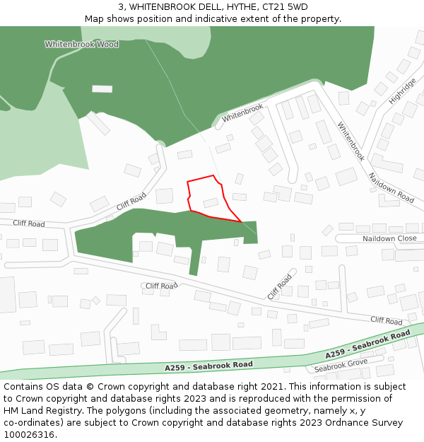 3, WHITENBROOK DELL, HYTHE, CT21 5WD: Location map and indicative extent of plot