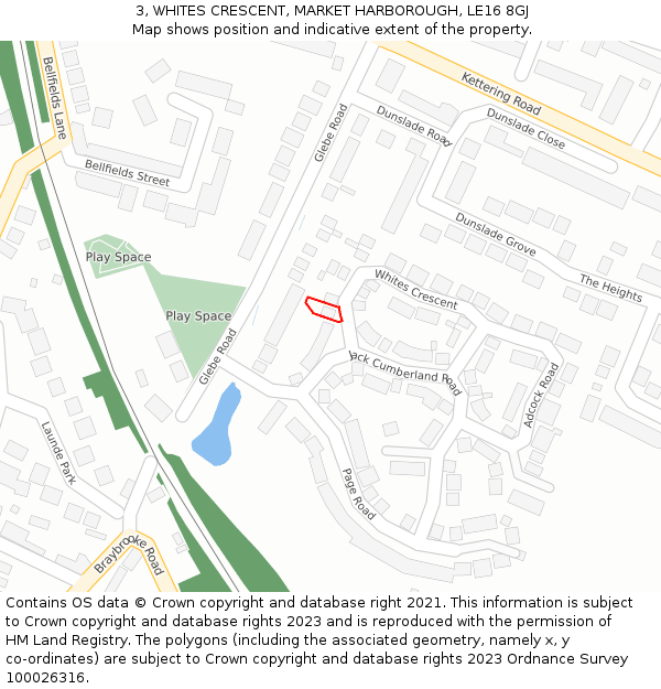 3, WHITES CRESCENT, MARKET HARBOROUGH, LE16 8GJ: Location map and indicative extent of plot