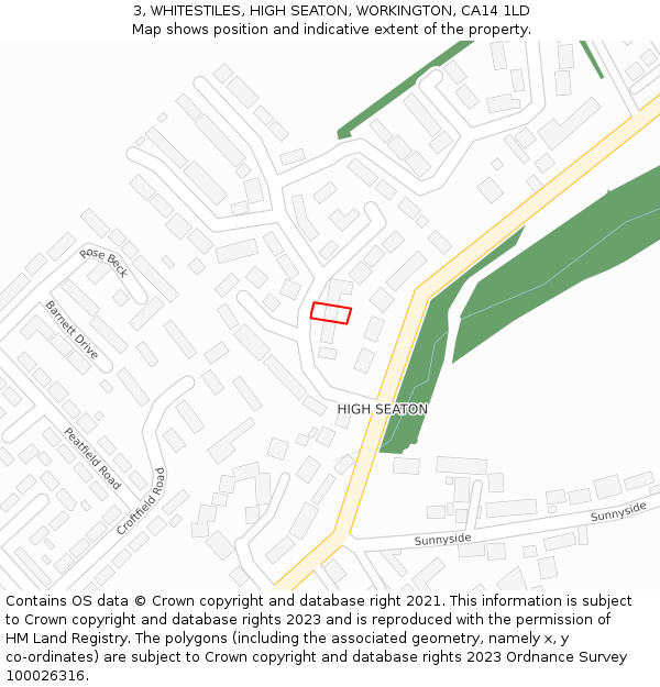 3, WHITESTILES, HIGH SEATON, WORKINGTON, CA14 1LD: Location map and indicative extent of plot