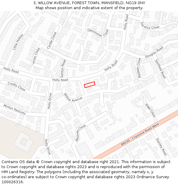 3, WILLOW AVENUE, FOREST TOWN, MANSFIELD, NG19 0NY: Location map and indicative extent of plot
