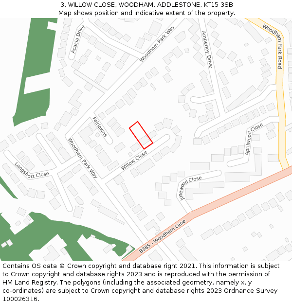 3, WILLOW CLOSE, WOODHAM, ADDLESTONE, KT15 3SB: Location map and indicative extent of plot