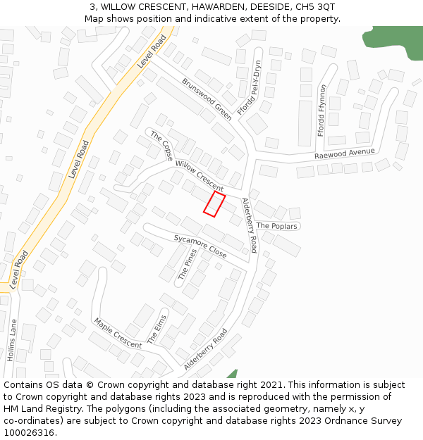 3, WILLOW CRESCENT, HAWARDEN, DEESIDE, CH5 3QT: Location map and indicative extent of plot