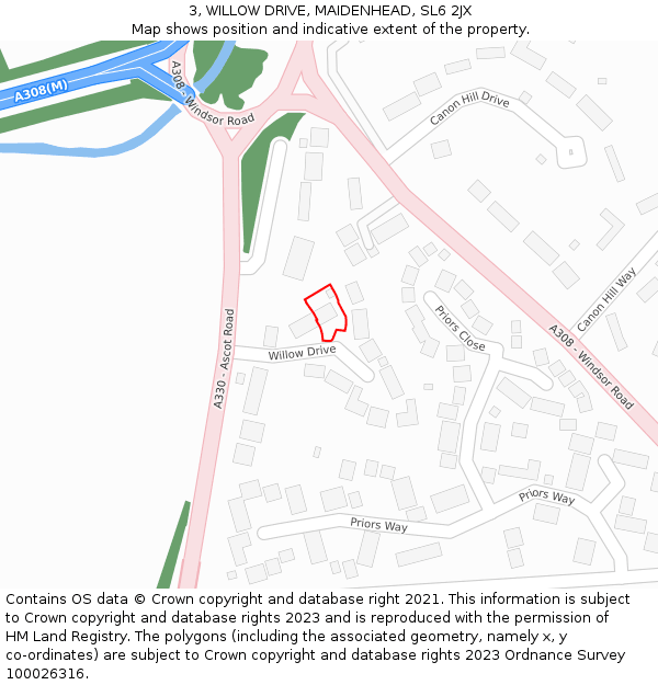 3, WILLOW DRIVE, MAIDENHEAD, SL6 2JX: Location map and indicative extent of plot