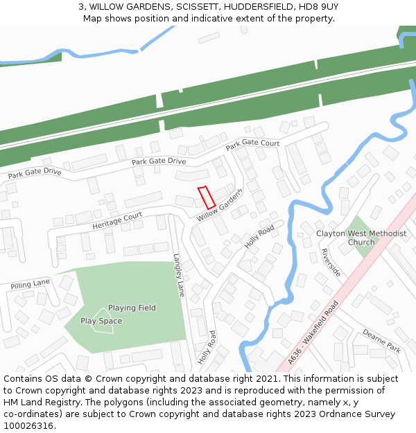 3, WILLOW GARDENS, SCISSETT, HUDDERSFIELD, HD8 9UY: Location map and indicative extent of plot