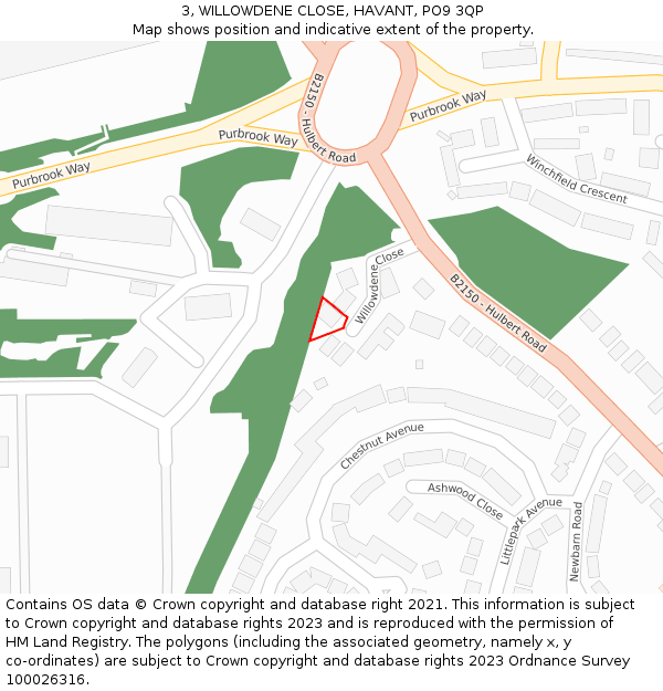 3, WILLOWDENE CLOSE, HAVANT, PO9 3QP: Location map and indicative extent of plot