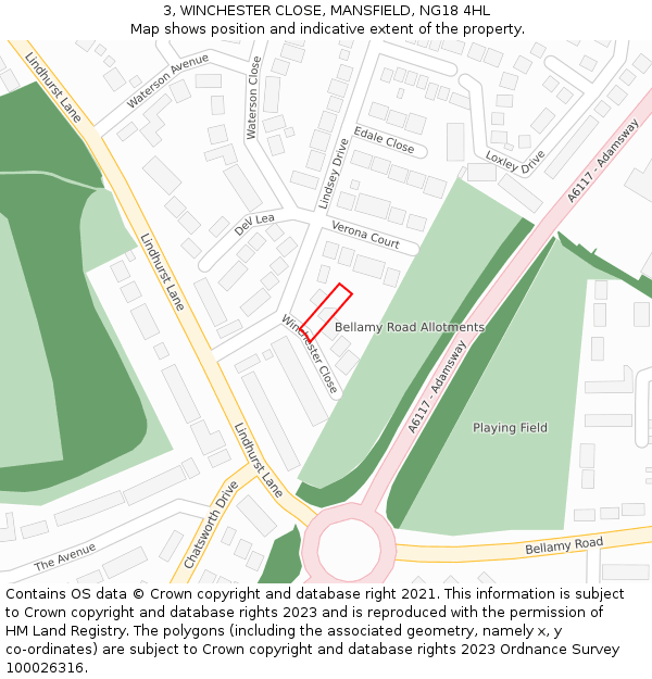 3, WINCHESTER CLOSE, MANSFIELD, NG18 4HL: Location map and indicative extent of plot