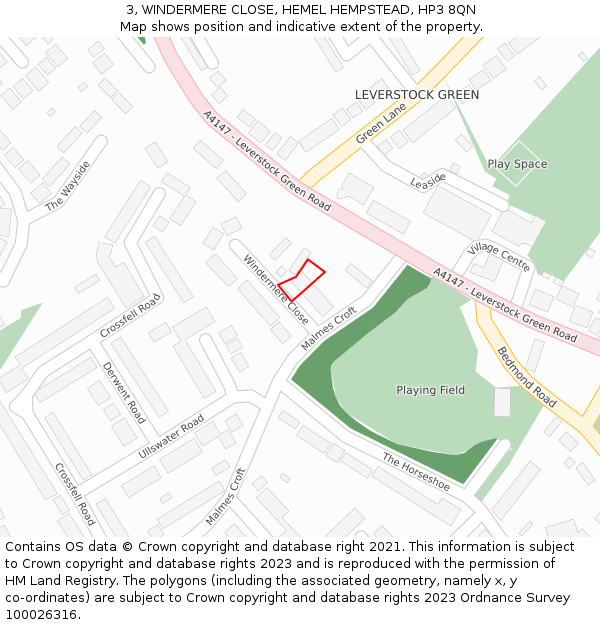 3, WINDERMERE CLOSE, HEMEL HEMPSTEAD, HP3 8QN: Location map and indicative extent of plot