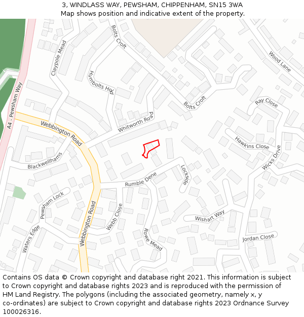 3, WINDLASS WAY, PEWSHAM, CHIPPENHAM, SN15 3WA: Location map and indicative extent of plot