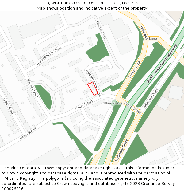 3, WINTERBOURNE CLOSE, REDDITCH, B98 7FS: Location map and indicative extent of plot